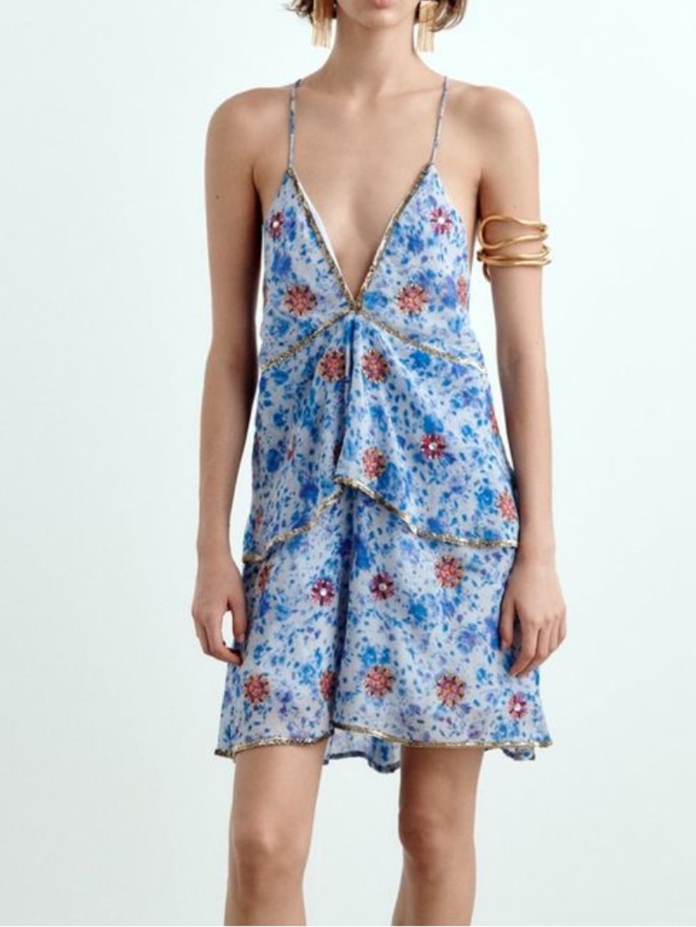 Zara Blue Sparkly Embellished Tiered Strappy Deep V-Neck Mini Dress Small